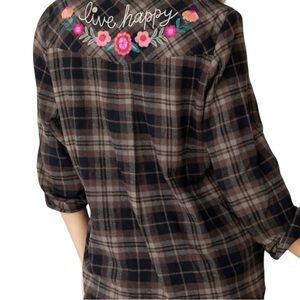 Natural Life Plaid Button Down embroidered Floral Boho Shirt Brown Flannel